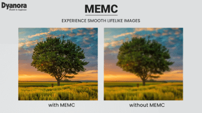 A visual demonstration showing the difference MEMC technology makes. The image is split, comparing a fast-action sports scene. The 'Without MEMC' side shows significant motion blur and smearing, while the 'With MEMC' side is crisp, smooth, and clear.