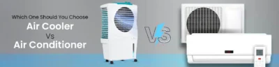 Comparison chart of Air Cooler vs Air Conditioner, showing differences in cost, power, climate suitability, air quality, eco-friendliness, and maintenance