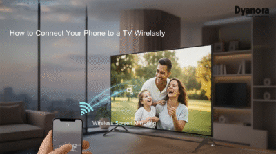 This promotional image illustrates the ease of wirelessly connecting a smartphone to a Dyanora Smart TV for screen mirroring or casting content. A hand holds a mobile phone displaying a cheerful family scene, which is simultaneously being shown on a modern Dyanora television set in a living room environment. A stylized wireless signal visually links the phone to the TV, emphasizing the 'Wireless Screen Mirroring' capability. The top banner includes the article's title, 'How to Connect Your Phone to a TV Wirelessly,' alongside the Dyanora brand logo and slogan 'Switch to happiness,' highlighting the brand's integration into this convenient streaming experience.