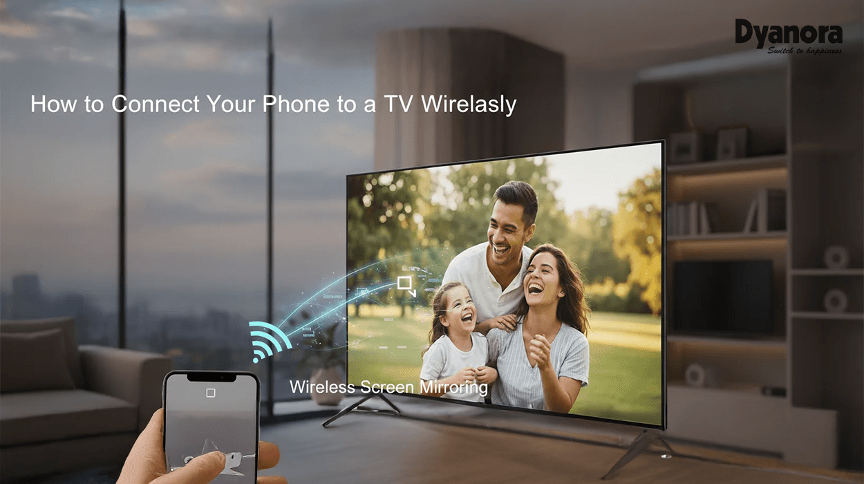 This promotional image illustrates the ease of wirelessly connecting a smartphone to a Dyanora Smart TV for screen mirroring or casting content. A hand holds a mobile phone displaying a cheerful family scene, which is simultaneously being shown on a modern Dyanora television set in a living room environment. A stylized wireless signal visually links the phone to the TV, emphasizing the 'Wireless Screen Mirroring' capability. The top banner includes the article's title, 'How to Connect Your Phone to a TV Wirelessly,' alongside the Dyanora brand logo and slogan 'Switch to happiness,' highlighting the brand's integration into this convenient streaming experience.