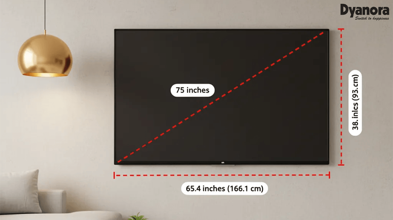 This image clearly illustrates the key measurements of a television: the diagonal screen size (advertised as 75 inches in this example), and the actual physical width (65.4 inches / 166.1 cm) and height (36.8 inches / 93.5 cm) of the display area. The red dotted lines and bold labels highlight these dimensions, making it easy for viewers to understand how to correctly measure a TV. This visual is crucial for anyone planning to purchase a new television, ensuring it fits perfectly within their wall unit, cabinet, or entertainment center.