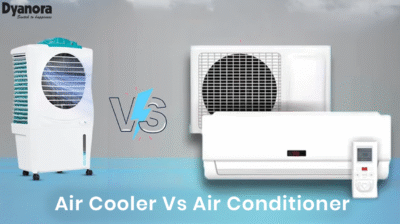 Comparison chart of Air Cooler vs Air Conditioner, showing differences in cost, power, climate suitability, air quality, eco-friendliness, and maintenance