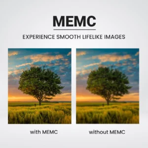 A split-screen comparison of a fast-moving football on a TV, showing the blurry effect 'Without MEMC' versus the clear, smooth image 'With MEMC technology'.