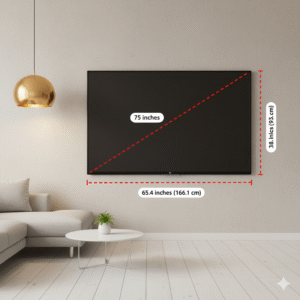 A 75-inch TV mounted on a light gray wall, with red dotted lines and labels indicating its diagonal TV Size (75"), width (65.4" / 166.1 cm), and height (36.8" / 93.5 cm) for proper Measure TV.