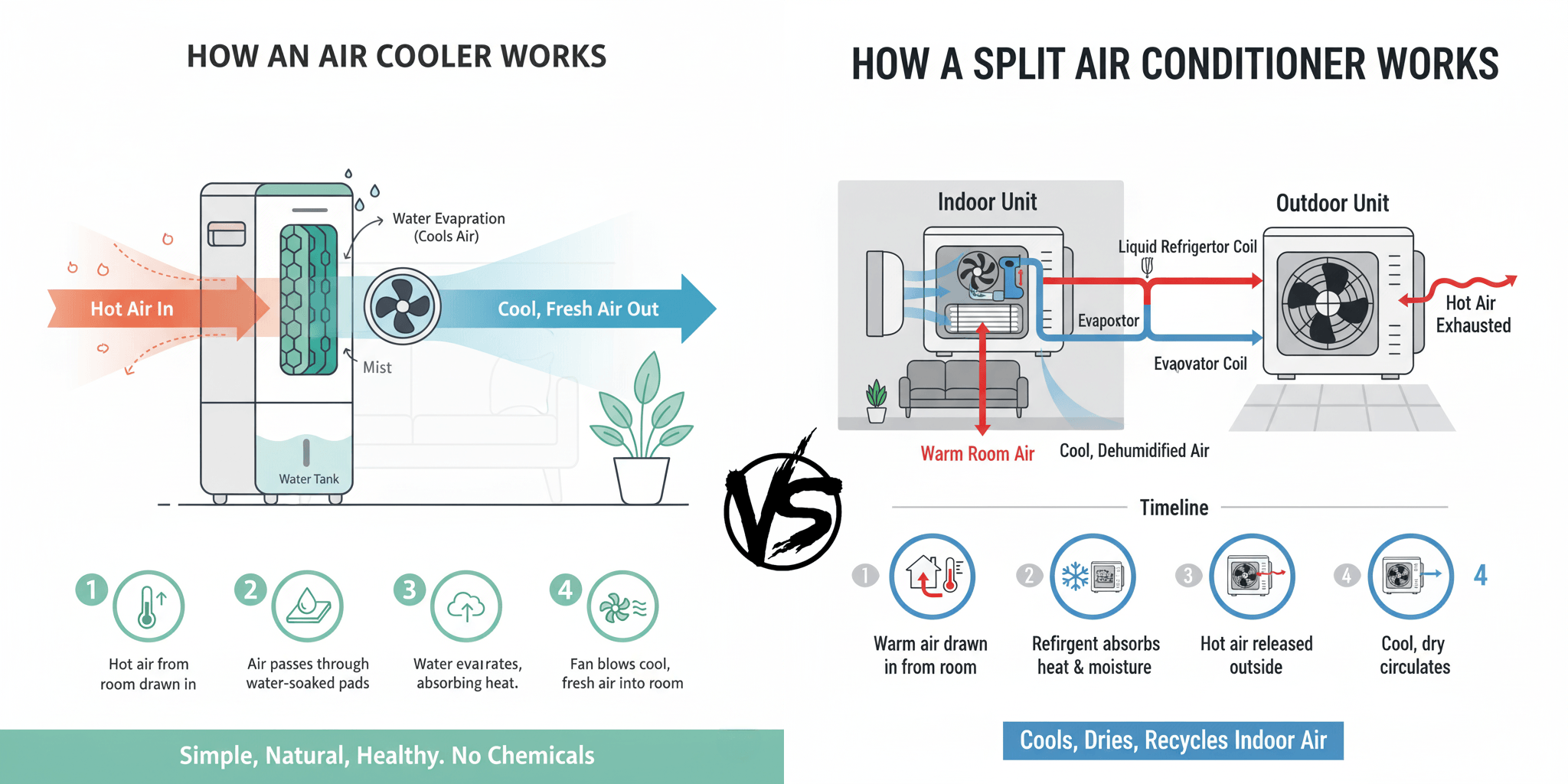 Diagram illustrating 'How an Air Cooler Works' with hot air in, water-soaked pads, evaporation, and cool fresh air out, compared against 'How a Split Air Conditioner Works' with indoor unit, outdoor unit, refrigerant cycle, and cool dry air output.