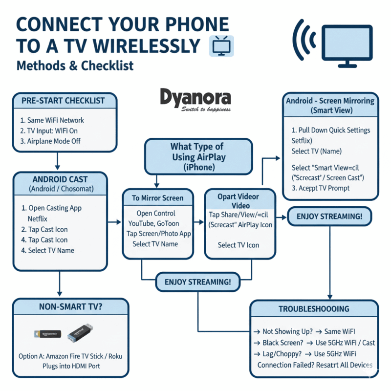 Flowchart illustrating how to connect a phone to a TV wirelessly. It details methods for Android (Casting, Smart View) and iPhone (AirPlay), includes a pre-start checklist, solutions for non-smart TVs using devices like Chromecast or Fire TV Stick, and a troubleshooting guide. The diagram shows steps for casting apps like Netflix, screen mirroring, and resolving common connection issues
