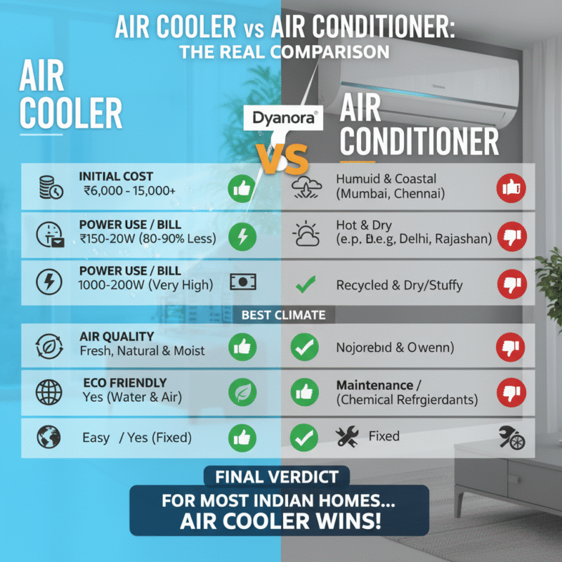 A detailed comparison chart titled 'Air Cooler vs Air Conditioner: The Real Comparison'. It shows that Air Coolers (specifically Dyanora) have lower initial cost (₹6,000-15,000), lower power use (150-200W, 80-90% less), are best for hot & dry climates, offer fresh & natural air quality, are eco-friendly, and easy to maintain. Air Conditioners have higher initial costs (₹25,000-50,000), very high power use (1000-2000W), are best for humid & coastal climates, provide recycled & dry/stuffy air, are not eco-friendly due to refrigerants, and require professional maintenance. The final verdict states: 'For most Indian homes... Air Cooler Wins!
