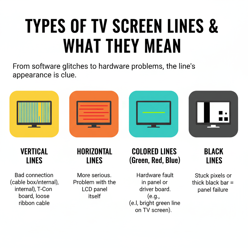 Infographic showing different types of TV screen lines (vertical, horizontal, colored, black) and their causes.