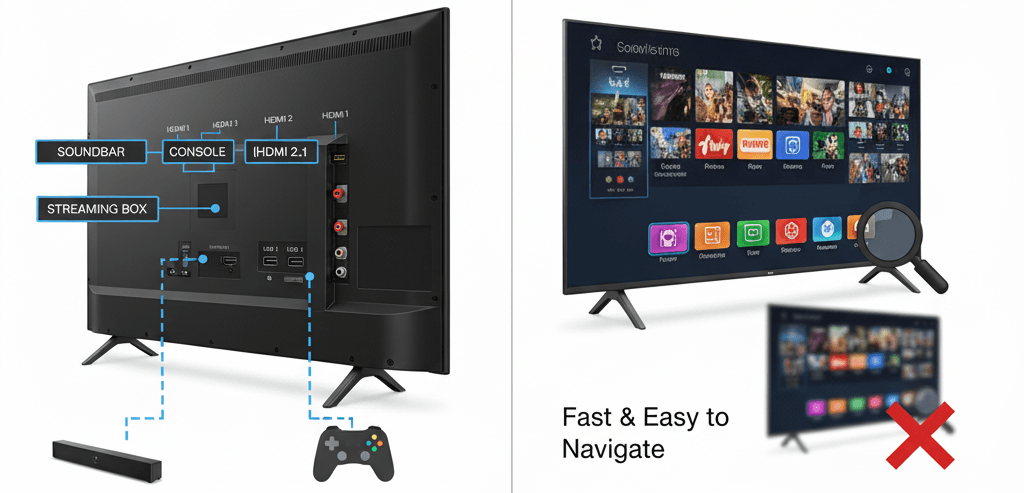Connectivity and Smart Essentials" for a TV, focusing on ports and smart TV operating systems