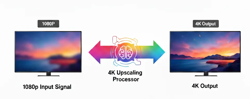 Diagram illustrating 4K upscaling: a 1080p input signal is processed by a 4K upscaling processor to produce a 4K output on a TV.