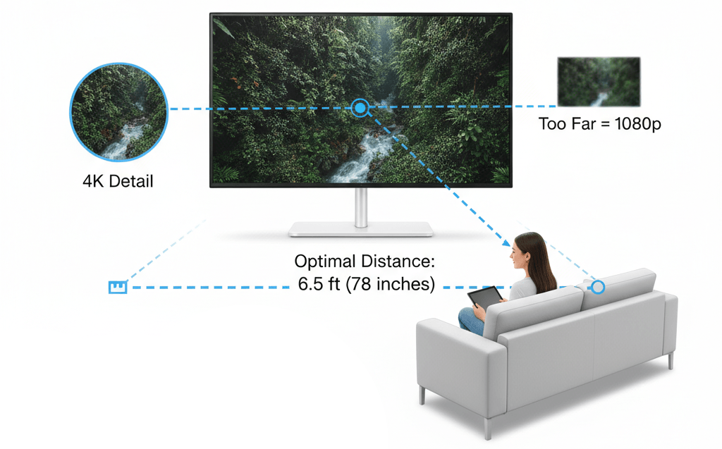 image illustrating the 4K distance rule with a 52-inch TV and optimal viewing distance