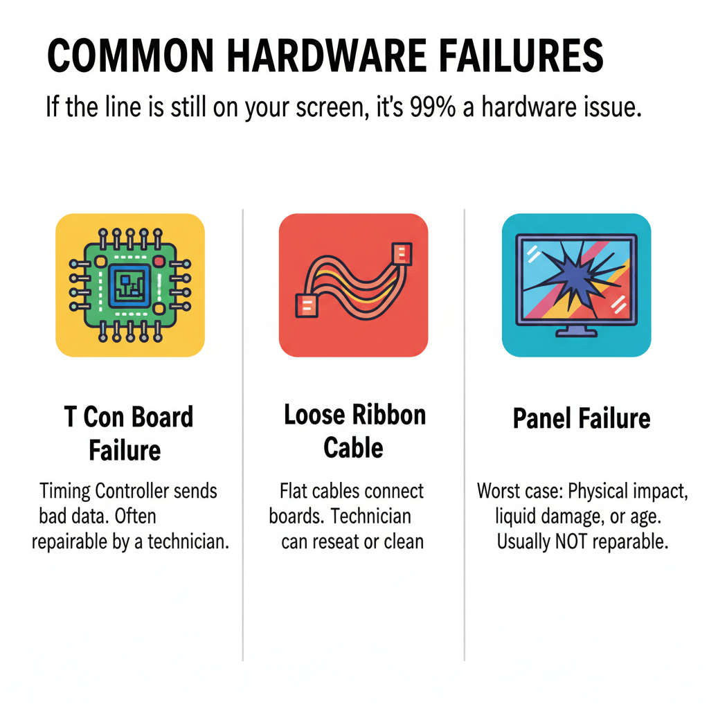 Common TV hardware failures like T-Con board, loose ribbon cable, and panel damage.