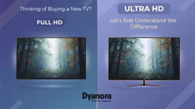 A comparison image showing the full hd and ultra hd difference, with the Full HD picture appearing blurry and the Ultra HD picture appearing sharp and clear.