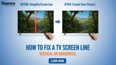 "Before and after comparison showing a TV screen with a vertical red line being fixed to a clear picture, with text 'How to Fix a TV Screen Line Vertical or Horizontal'." "Image of a TV screen with a glowing red vertical line next to a fixed TV screen, demonstrating how to repair screen lines."