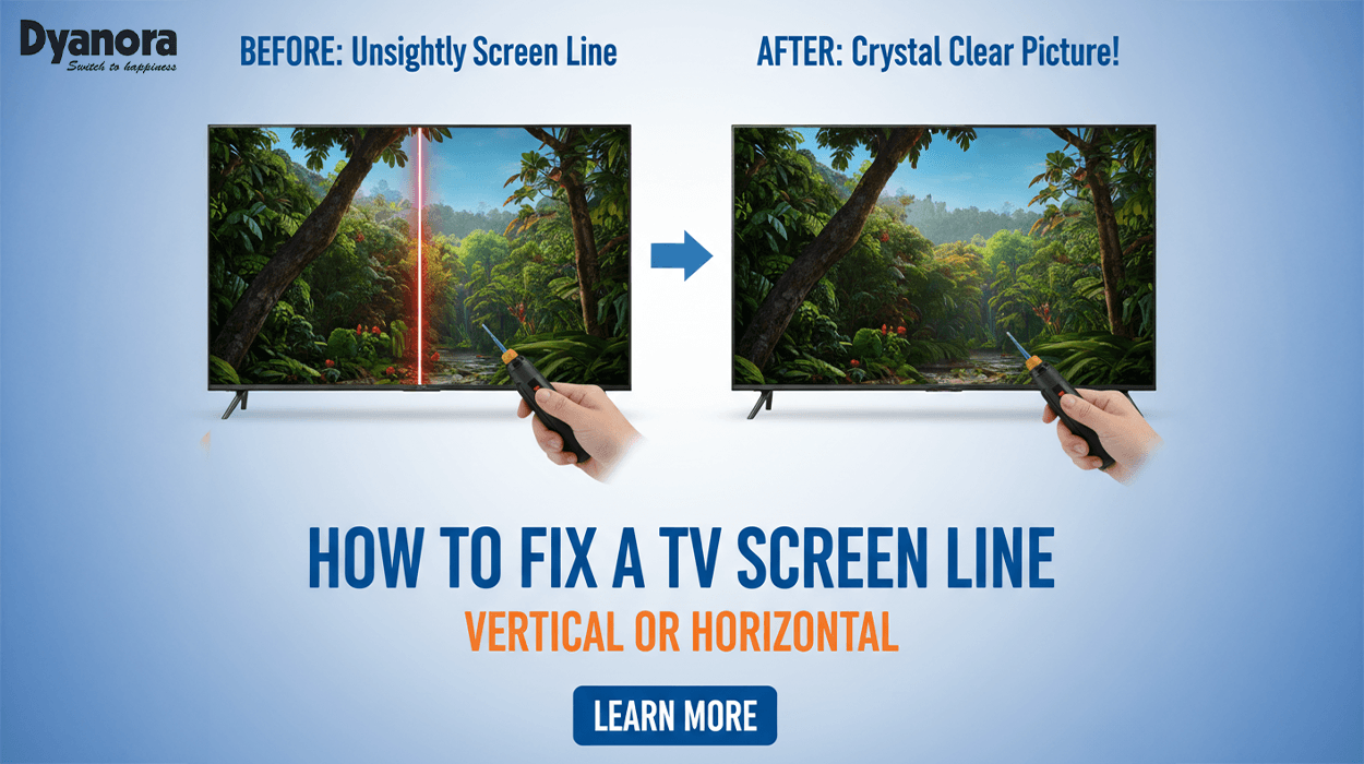 "Before and after comparison showing a TV screen with a vertical red line being fixed to a clear picture, with text 'How to Fix a TV Screen Line Vertical or Horizontal'." "Image of a TV screen with a glowing red vertical line next to a fixed TV screen, demonstrating how to repair screen lines."