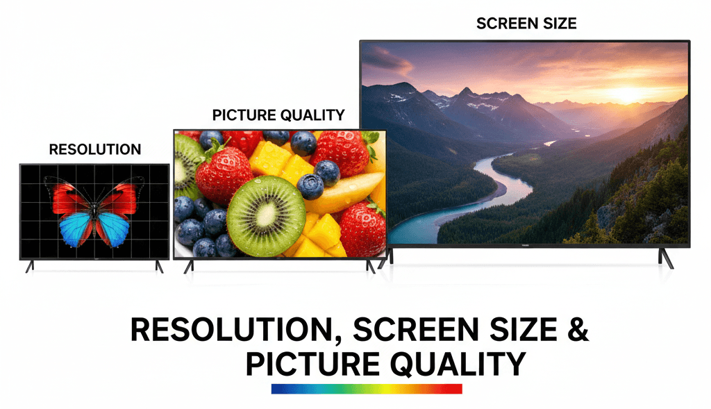 Illustration of Resolution, Screen Size, and Picture Quality.